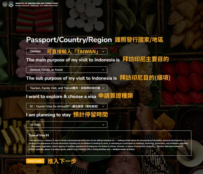 該圖片顯示印尼電子簽證申請第一步驟,包含國籍(Passport/Country/Region)、入境目的、簽證類型(B1旅遊簽)與停留時間等欄位,並搭配中文說明,協助申請人完成初步設定。