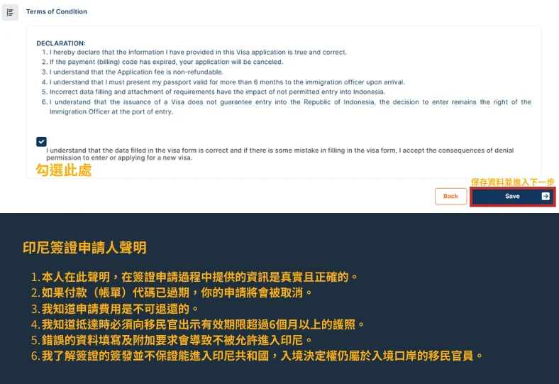 該圖片為申請過程中的條款聲明頁面(Terms of Condition),列出申請資料真實性、護照效期與入境規範等重要聲明,需勾選同意後才能繼續。右下角顯示「Save」按鈕,完成此步驟後可進入下一階段。