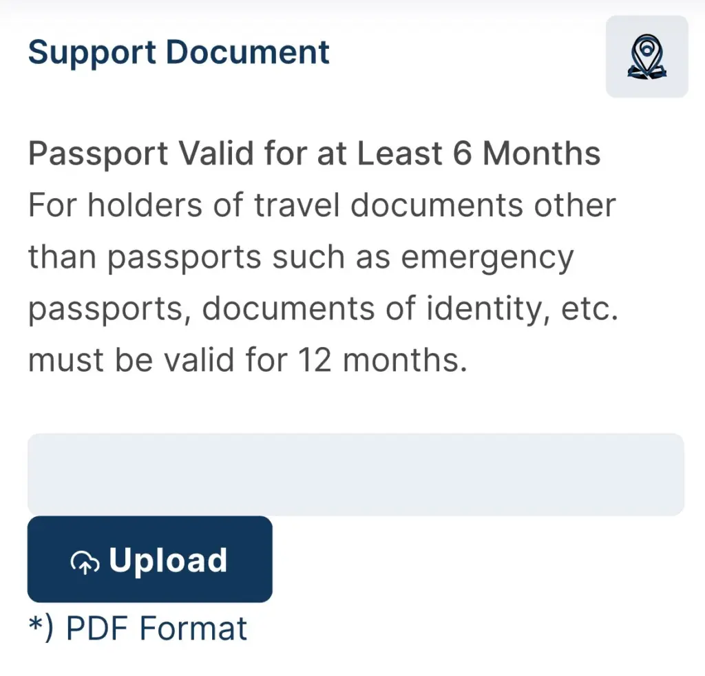 畫面為印尼電子簽證網站中的 Support Document 頁面,內容說明護照需具備至少6個月以上效期,並要求申請人上傳相關護照文件 PDF 檔案。此步驟為印尼電子簽證申請流程中的基本文件審核項目,用於確認申請人的護照有效期限是否符合入境規定。