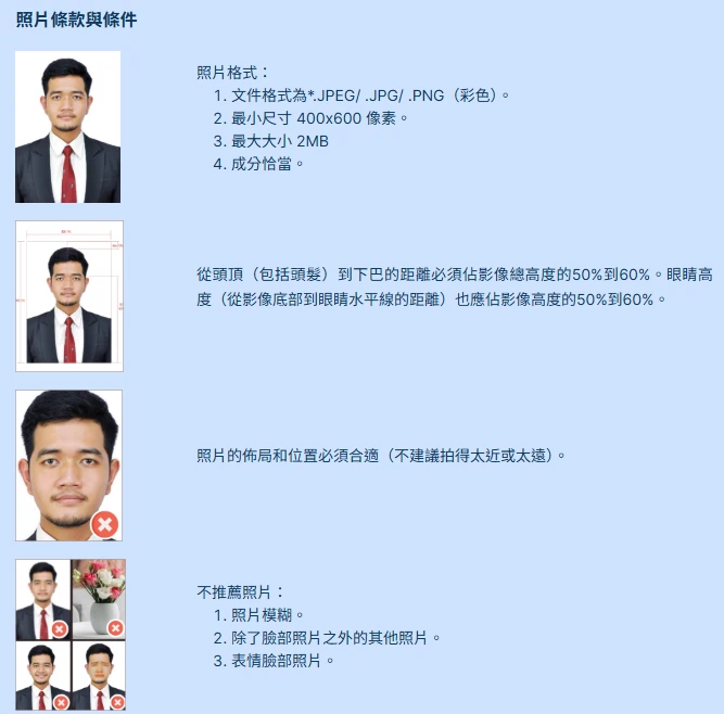 畫面為印尼電子簽證官網的大頭照規格說明,列出照片格式需為 JPEG、JPG 或 PNG,最小尺寸需達 400x600 像素,檔案大小不得超過 2MB,並要求照片比例與頭部位置符合官方規定。下方同時展示不符合規範的錯誤示範,包括模糊照片、非正面照片、自拍照與過近或過遠的人像比例,提醒申請人上傳符合要求的大頭照以提高簽證申請成功率。