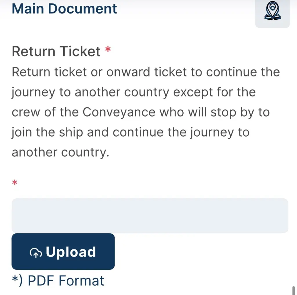 畫面為印尼電子簽證申請網站中的 Main Document 頁面,系統要求申請人上傳 Return Ticket 回程機票或前往第三國機票,並限定需為 PDF 格式。此頁面主要用於確認申請人完成印尼行程後將離境,為申請印尼電子簽證的重要文件上傳步驟之一。