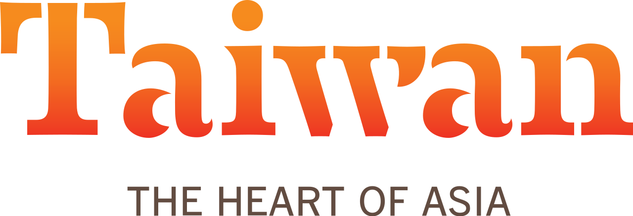 「Taiwan—The Heart of Asia」官方觀光識別，橘紅漸層字體象徵陽光、熱情與文化活力，常見於推廣國際旅遊與形象宣傳。