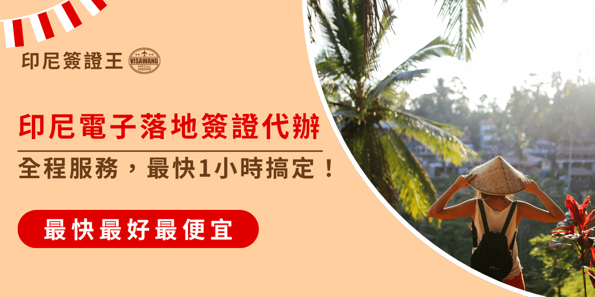 圖片背景為陽光明媚的熱帶風景，畫面中一位身穿輕便衣服、手持帽子的旅行者，正在面對著巴里島的梯田景色，象徵著放鬆與冒險。中央文字「印尼電子落地簽證代辦」強調了代辦服務的便利與快捷，並在下方加上「全程服務，最快1小時搞定！」，清楚傳遞出代辦的高效性和專業性。整體設計簡潔且富有吸引力，適合用於印尼簽證服務的宣傳。